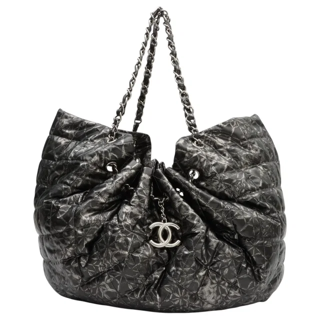 Chanel Melrose Gavaz Shoulder Bag, Gray/Silver, manufactured around 2008 in Grey Nylon from VINTAGE QOO TOKYO