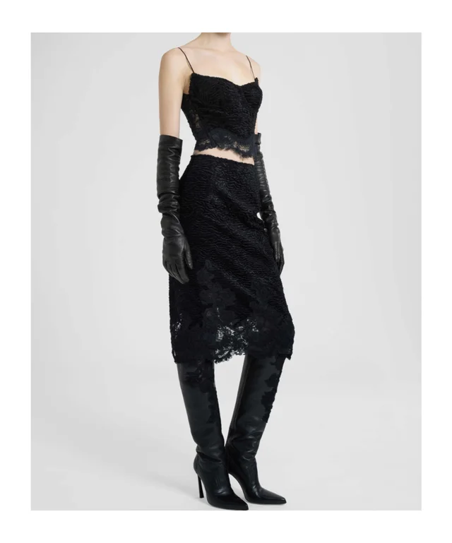 Ermanno Scervino Astrakhan-effect velvet midi pencil skirt with embroidered tulle details, photo 2 of 5 from SENSER