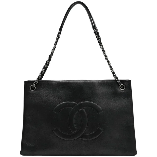 Chanel 2016-era CC mark stitched chain tote bag Black in Black Calfskin from VINTAGE QOO TOKYO
