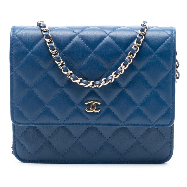Blue Chanel CC Square Quilted Lambskin Wallet on Chain Crossbody Bag in Blue Lambskin from Designer Revival