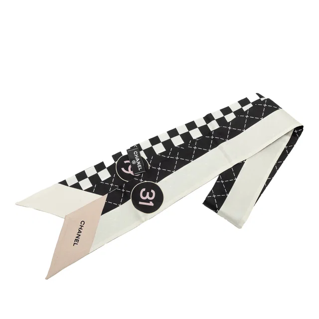 Black Chanel 31 Rue Cambon Printed Silk Twilly Scarf Scarves in Black Silk from Designer Revival