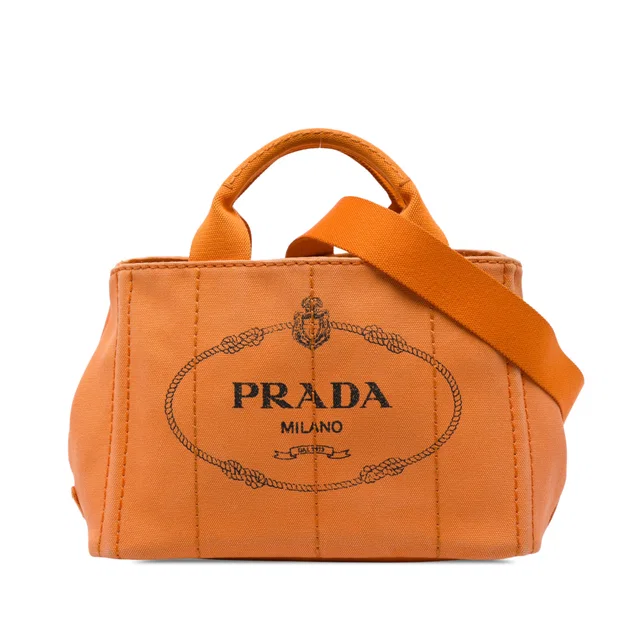 Orange Prada Small Canvas Canapa Logo Tote Satchel in Orange Canvas from Designer Revival