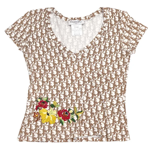 Dior 2005 John Galliano V-neck T-shirt Trotter Floral Embroidery #36 from AMORE Vintage Tokyo