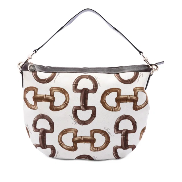 White Gucci Printed Canvas Horsebit Hobo in White Canvas from Designer Revival