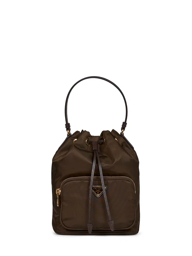 Prada Duet Bucket Bag — Brown Recycled Polyamide in Brown Saffiano leather from HEWI