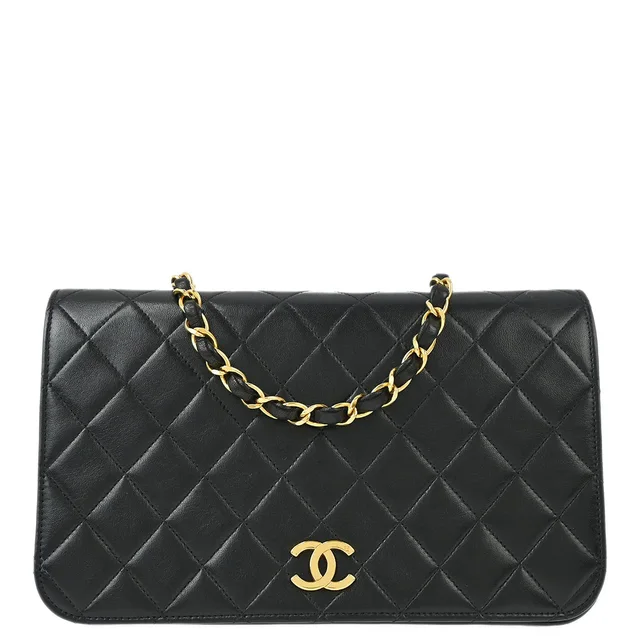 Chanel 1996-1997 Black Lambskin Pushlock Small Full Flap Shoulder Bag in Black Lambskin from AMORE Vintage Tokyo