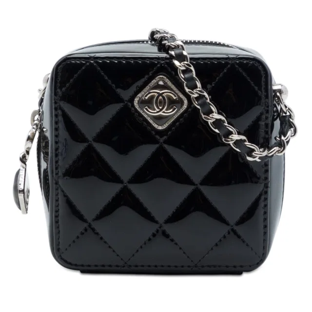 Black Chanel CC Quilted Patent Diamond Resin Clutch With Chain Crossbody Bag in Black Patent leather from Designer Revival
