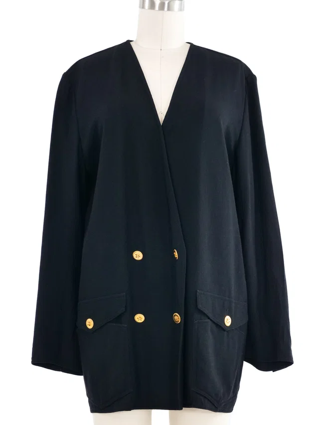 1989 Chanel Black Double Breasted Jacket in Black Wool from Arcade Vintage