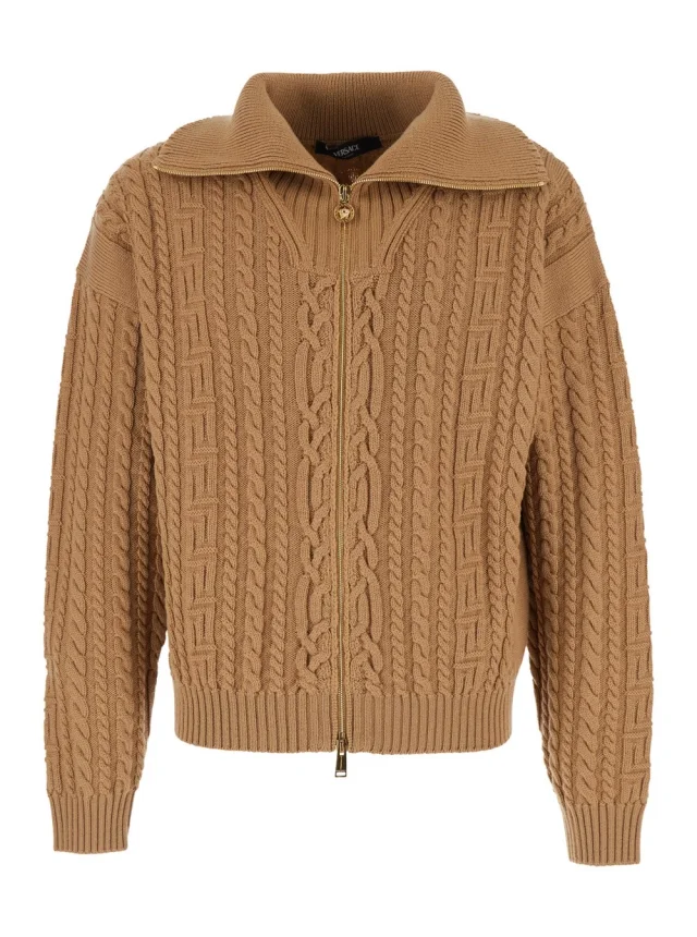 Beige High Neck Sweater with Zip and Embroidered Medusa Head on the Back in Wool for Men in Beige, image 1 of 1 from Gaudenzi Boutique