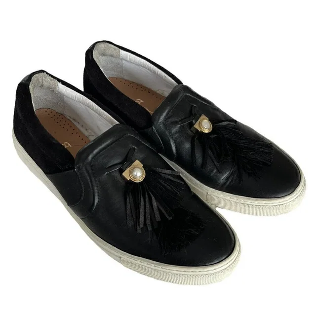 Lanvin Paris Women's Slip On Leather Sneakers Sz 9 Black Leather Tasseled in black|gold|white Leather from Poshmark