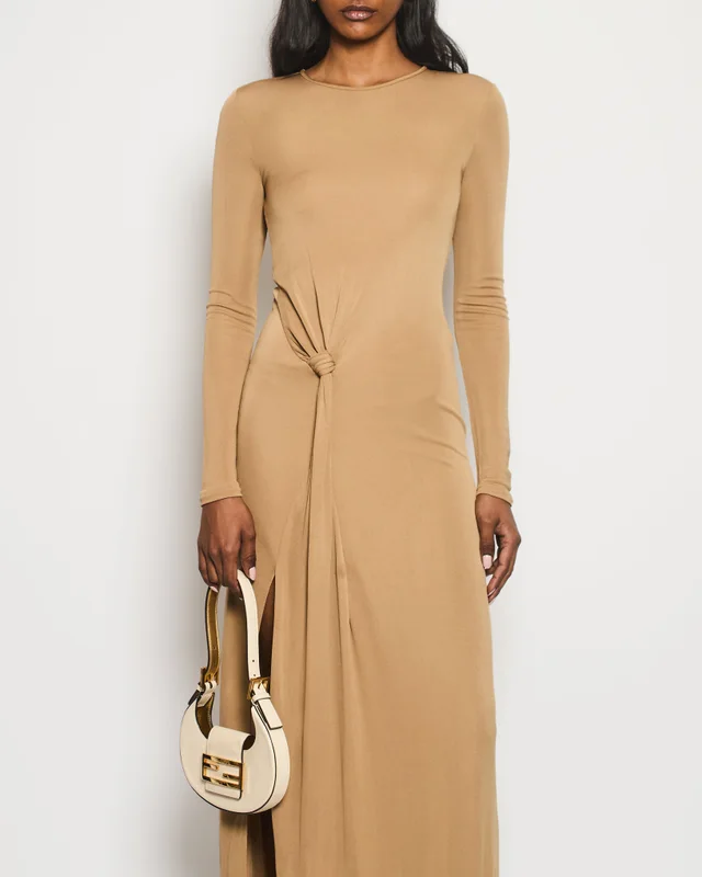 Saint Laurent Camel Long Sleeve Maxi Dress with Knot Tie Detail Size FR 34 (UK 6) in Brown from Sellier, photo 2 of 2