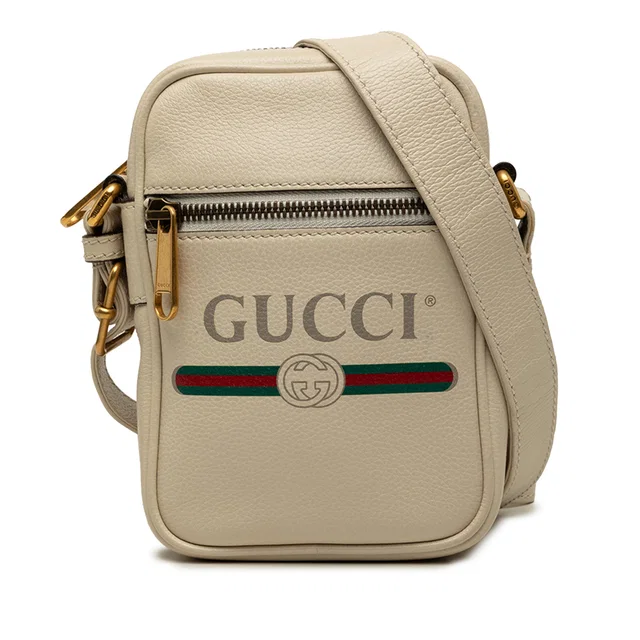 White Gucci Mini Grained Calfskin Logo Crossbody in White Caviar leather from Designer Revival