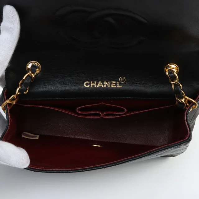 Circa 1990 Chanel CC Mark Plate Full Flap Chain Shoulder Bag Mini Black in Black Lambskin from VINTAGE QOO TOKYO, photo 5 of 11