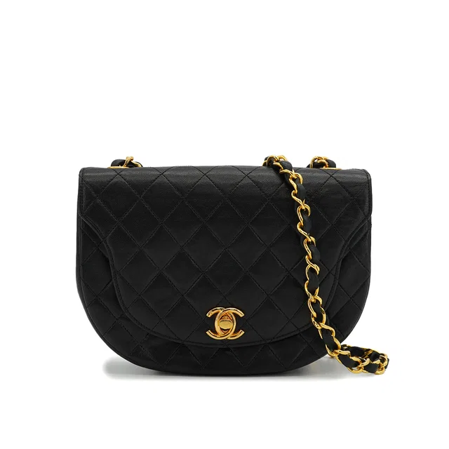 Chanel Vintage Matelasse Chain Shoulder Bag Black Lamb Skin Gold Hardware in Black from Luxury Promise