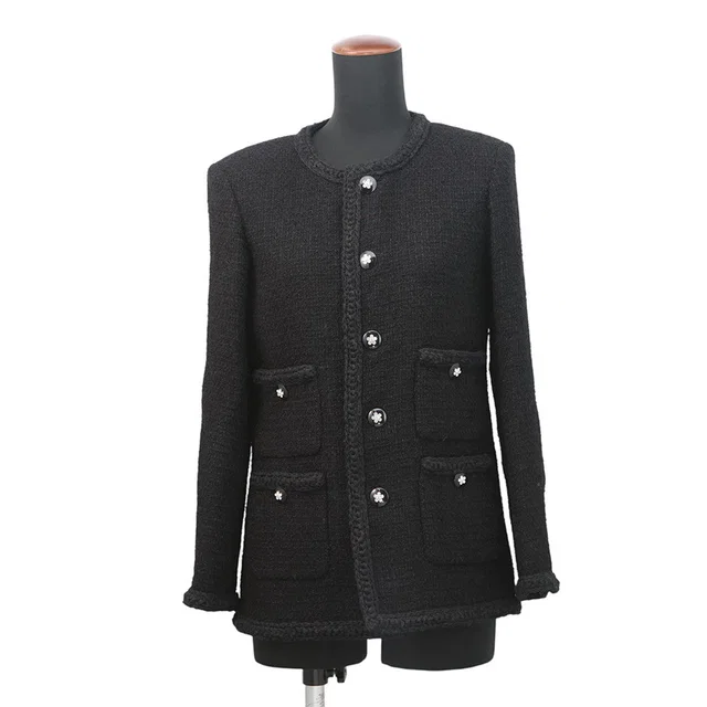 Chanel CamelliaButton Collarless Jacket Size 34 BlackP75863 Tweed in Tweed from GALLERY RARE