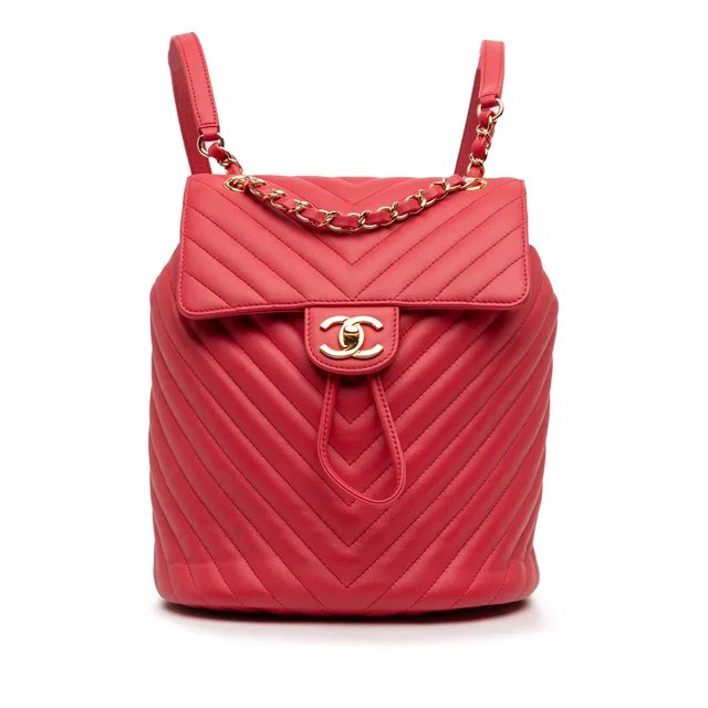 Red Chanel Small Chevron Calfskin Urban Spirit Backpack in Red Calfskin from Designer Revival