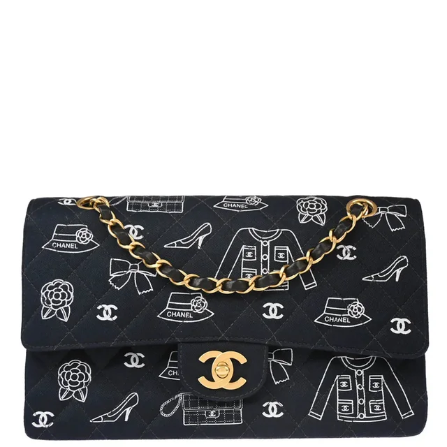 Chanel 2001-2003 Navy Canvas Icon Medium Classic Double Flap Shoulder Bag in Navy Canvas from AMORE Vintage Tokyo