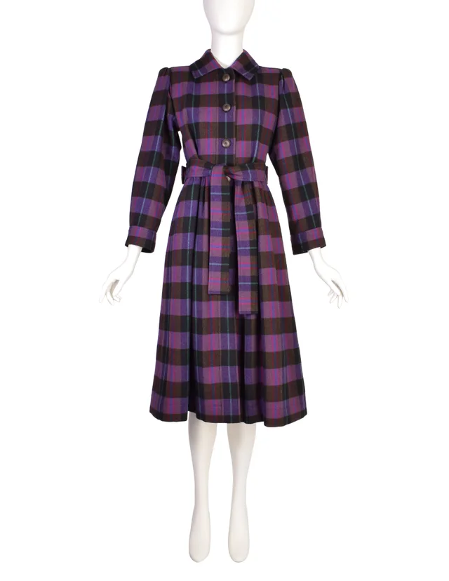 Saint Laurent Vintage AW 1980 Purple Plaid Wool Tie Waist Coat in Purple Wool from Amarcord Vintage Fashion