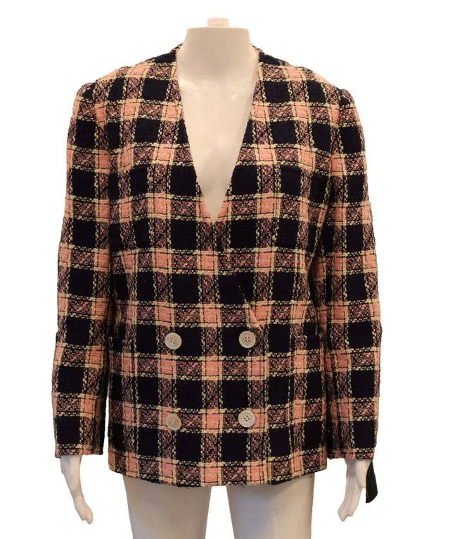 Celine Pink and Blue tartan tweed jacket in Blue Tweed from Luxury Promise