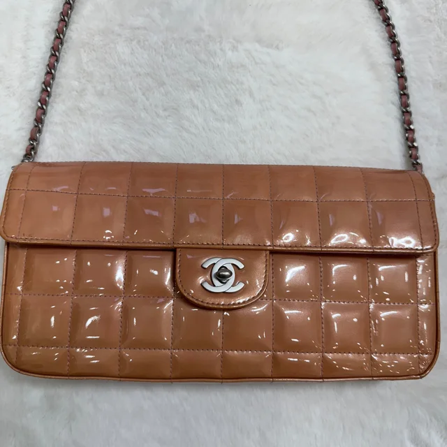 Chanel Peach Orange Patent Chocolate Bar Half Flap in Brown Patent leather from SparklesnDreams