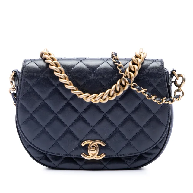 Blue Chanel CC Quilted Lambskin Chain Handle Half Moon Flap Satchel in Blue Lambskin from Designer Revival