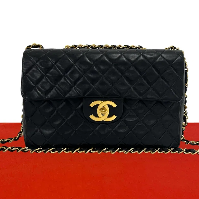Chanel With Vintage Big Quilted CC Logo Lambskin Shoulder Bag Black in Black Lambskin from The Reluxe