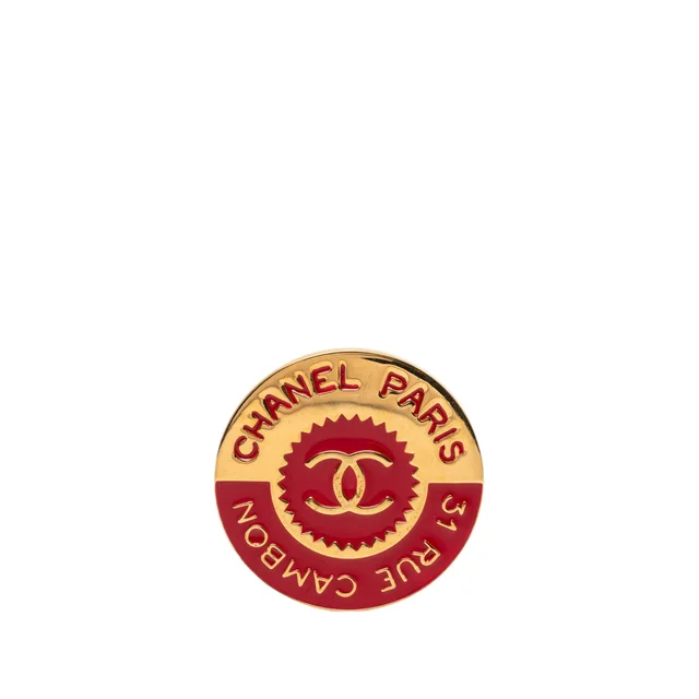 Gold Chanel CC Gold Plated Enamel Round Pin Brooch in Gold from Designer Revival