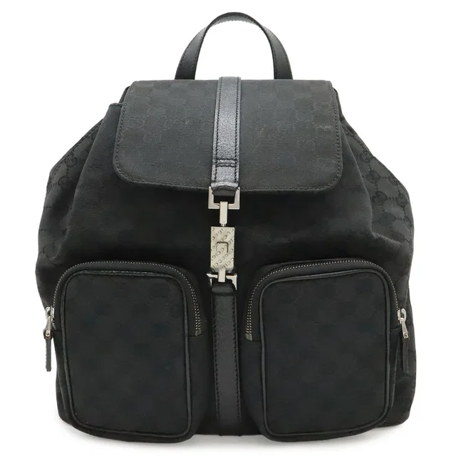 Gucci GG Canvas Jackie Line Backpack Leather Black Silver in Black Canvas from The Reluxe