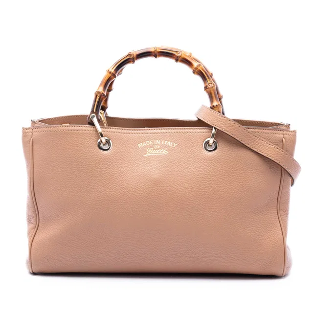 Brown Gucci Medium Calfskin Bamboo Shopper Satchel in Brown Calfskin from Designer Revival
