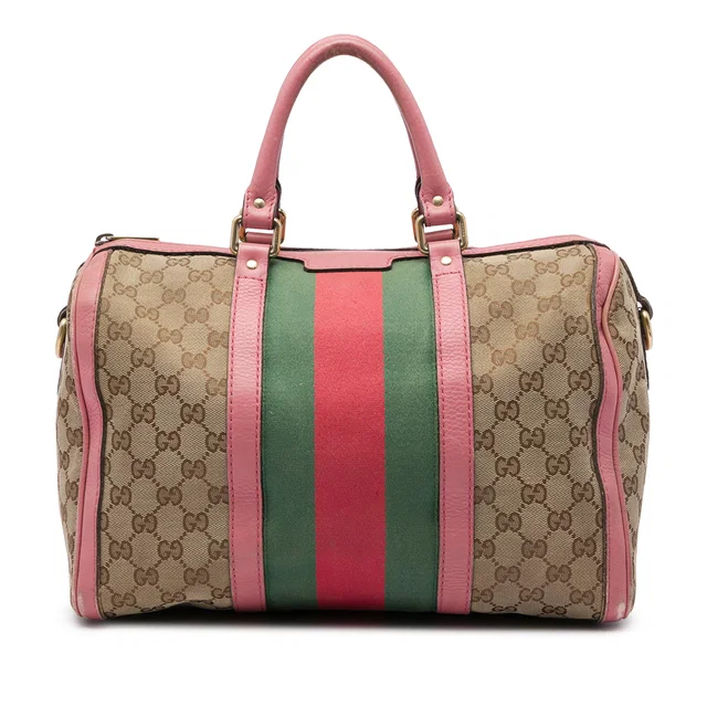 Beige Gucci Medium GG Canvas Web Joy Boston Bag Satchel in Beige Canvas from Designer Revival