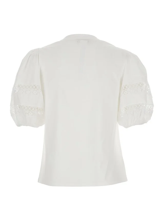 Twinset White T-Shirt with Embroidery Details on the Sleeves and Round Neck in Cotton for Women in White 100% Cotton, photo 4 of 6 from Gaudenzi Boutique
