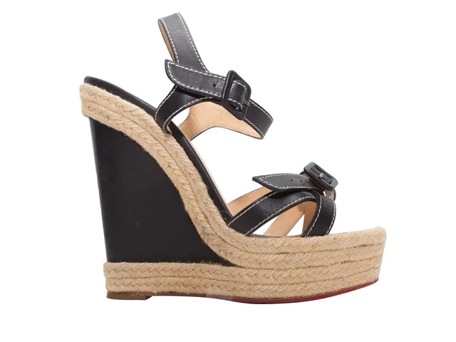 Black & Tan Christian Louboutin Leather Espadrille Wedge Sandals Size 39 in Black Leather from Designer Revival
