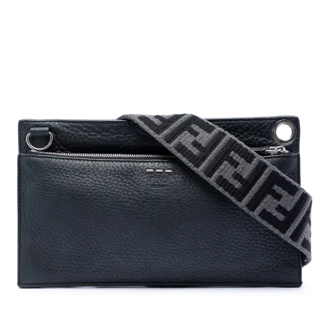 Black Fendi Calfskin FF 1974 Flat Pouch Crossbody in Black Calfskin from Designer Revival