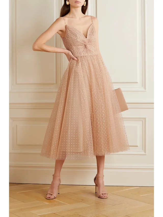 MONIQUE LHUILLIER Gathered glittered tulle midi dress in Beige, photo 2 of 2 from NET-A-PORTER (Canada)