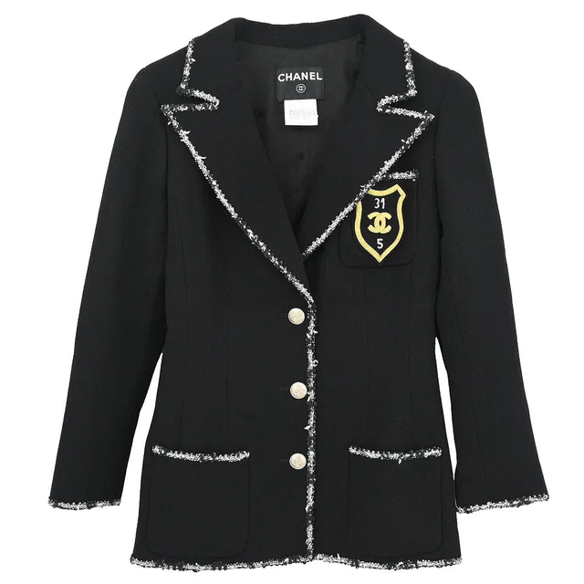 Chanel 2005 Emblem Single Breasted Jacket Black #34 in Black Wool from AMORE Vintage Tokyo