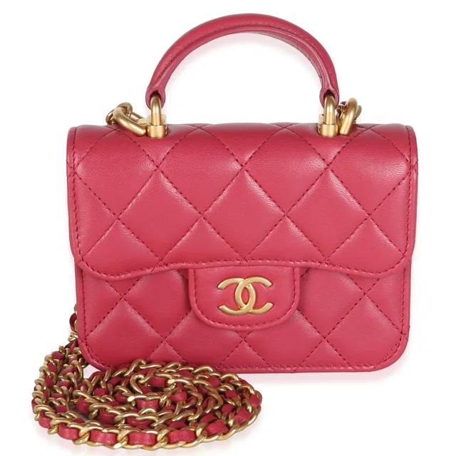 Chanel Dark Pink Quilted Lambskin Top Handle Flap Coin Purse With Chain in Pink Lambskin from myGemma