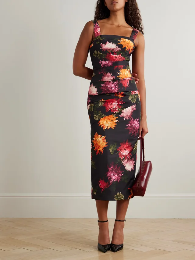 CAROLINA HERRERA Draped floral-print faille midi dress in Black, photo 2 of 2 from NET-A-PORTER (Canada)