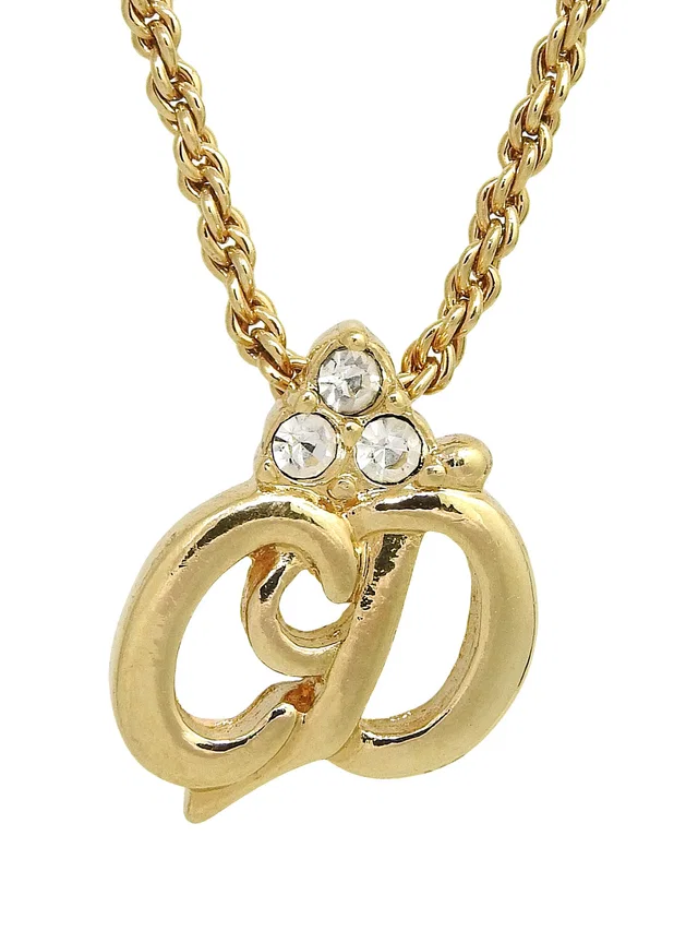 Dior Rhinestone Logo Necklace Gold in Gold from VINTAGE QOO TOKYO