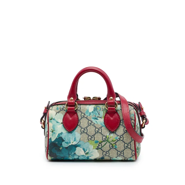 Blue Gucci Mini GG Supreme Blooms Boston Bag Satchel in Blue Coated canvas from Designer Revival