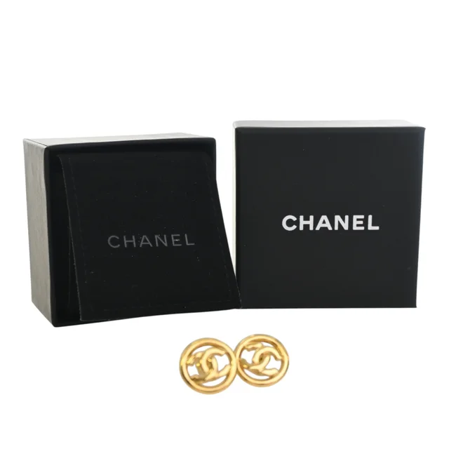 Gold Chanel CC Gold Plated Round Push Back Earrings in Gold from Designer Revival, photo 2 of 2