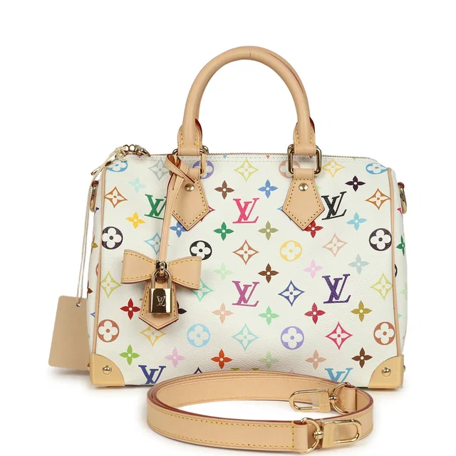 Louis Vuitton X Takashi Murakami Speedy 25 Bandouliere White Multicolored Monogram Gold Hardware in White Coated canvas from Madison Avenue Couture