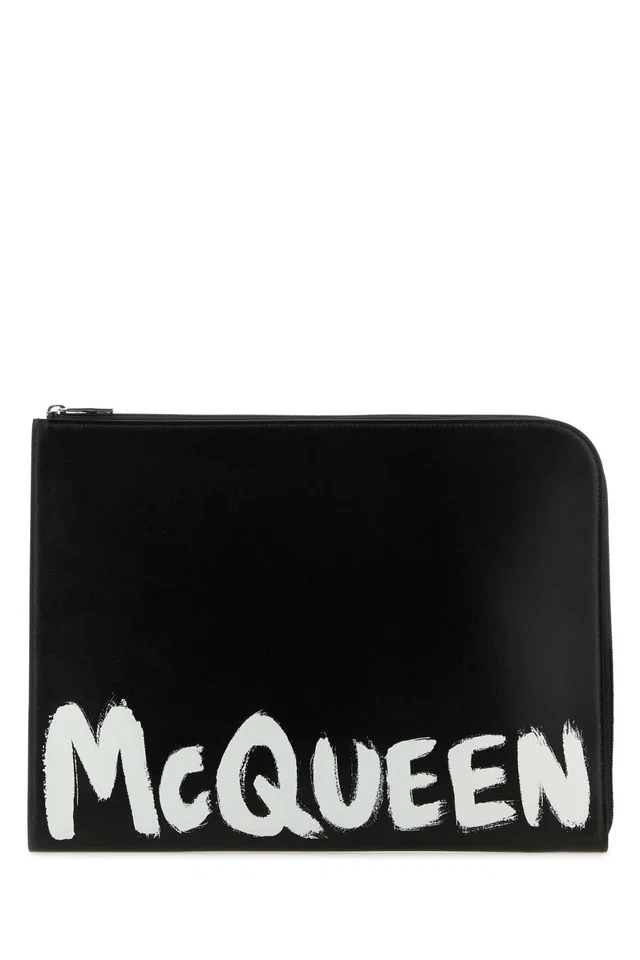 Alexander McQueen Logo-Print Leather Document Wallet — Black in Black Leather from HEWI