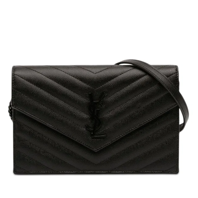 Black Saint Laurent Grain De Poudre Cassandre Monochrome Envelope Chain Wallet Crossbody Bag in Black Leather from Designer Revival
