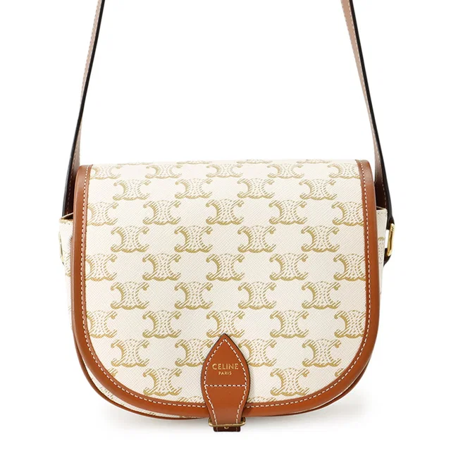 Celine Folco Triomphe Shoulder Bag White/Brown PVC Calf Leather Size Medium in Brown Calfskin from GALLERY RARE