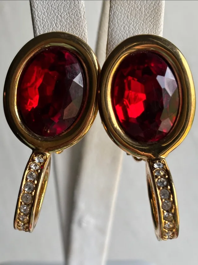 New Vtg Valentino Signed V Logo 1980s Clip-On Earrings Ruby Glass Bezel Gold in gold|red from Poshmark