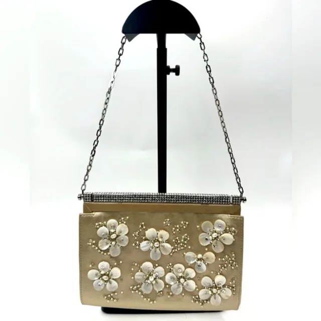 Valentino Garavani Floral Embroidered Crystal Framed Clutch Chain Evening Bag in brown|neutral Silk from Poshmark, photo 1 of 1
