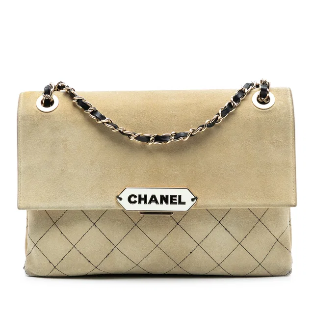 Beige Chanel Quilted Suede Retro Label Flap Shoulder Bag in Beige Suede from Designer Revival