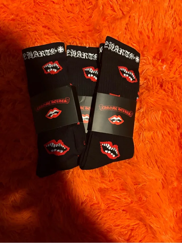 Chrome Hearts Black Crew Socks With Red Lip Motif in red|black from Poshmark