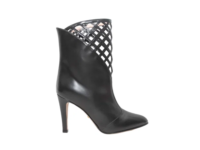 Black Gucci Lattice Detail Heeled Mid-Calf Boots Size 37.5 in Black Leather from Designer Revival