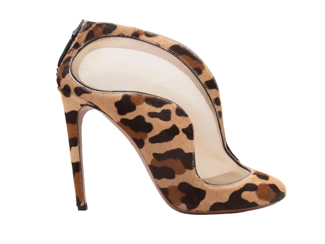 Tan & Multicolor Alaia Leopard Print Ponyhair & Mesh Heeled Booties Size 39 in Brown from Designer Revival